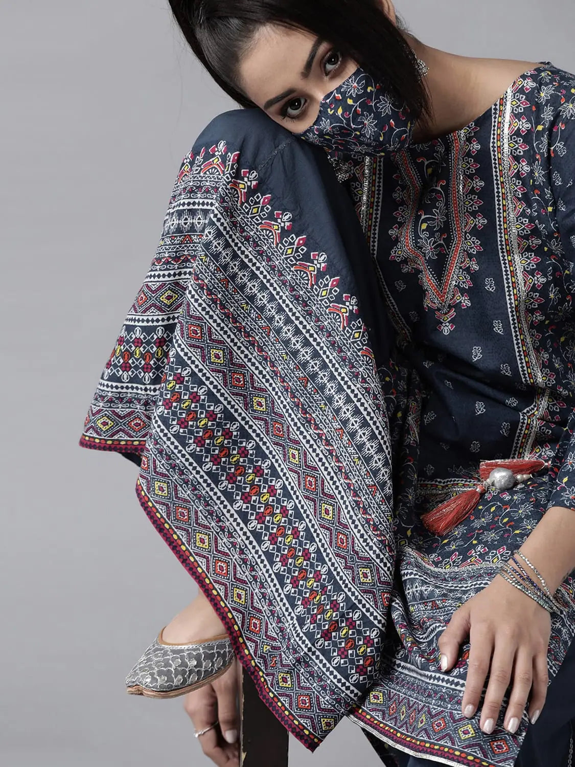 Indigo Floral Print Kurta Palazzo Set with Mask | Cotton