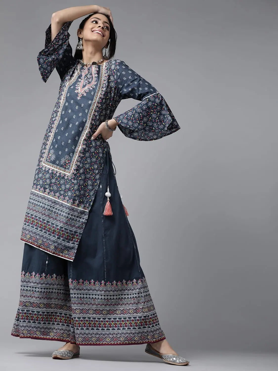 Indigo Floral Print Kurta Palazzo Set with Mask | Cotton