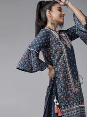 Indigo Cambric Floral Print High-Low Kurta Palazzo Set With Mask
