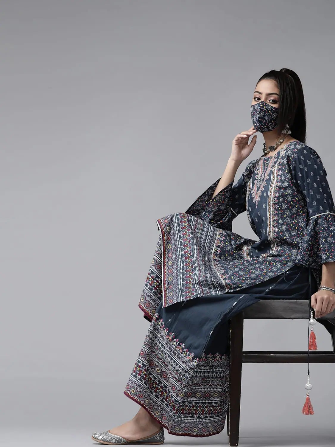 Indigo Floral Print Kurta Palazzo Set with Mask | Cotton