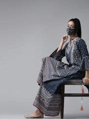 Indigo Cambric Floral Print High-Low Kurta Palazzo Set With Mask