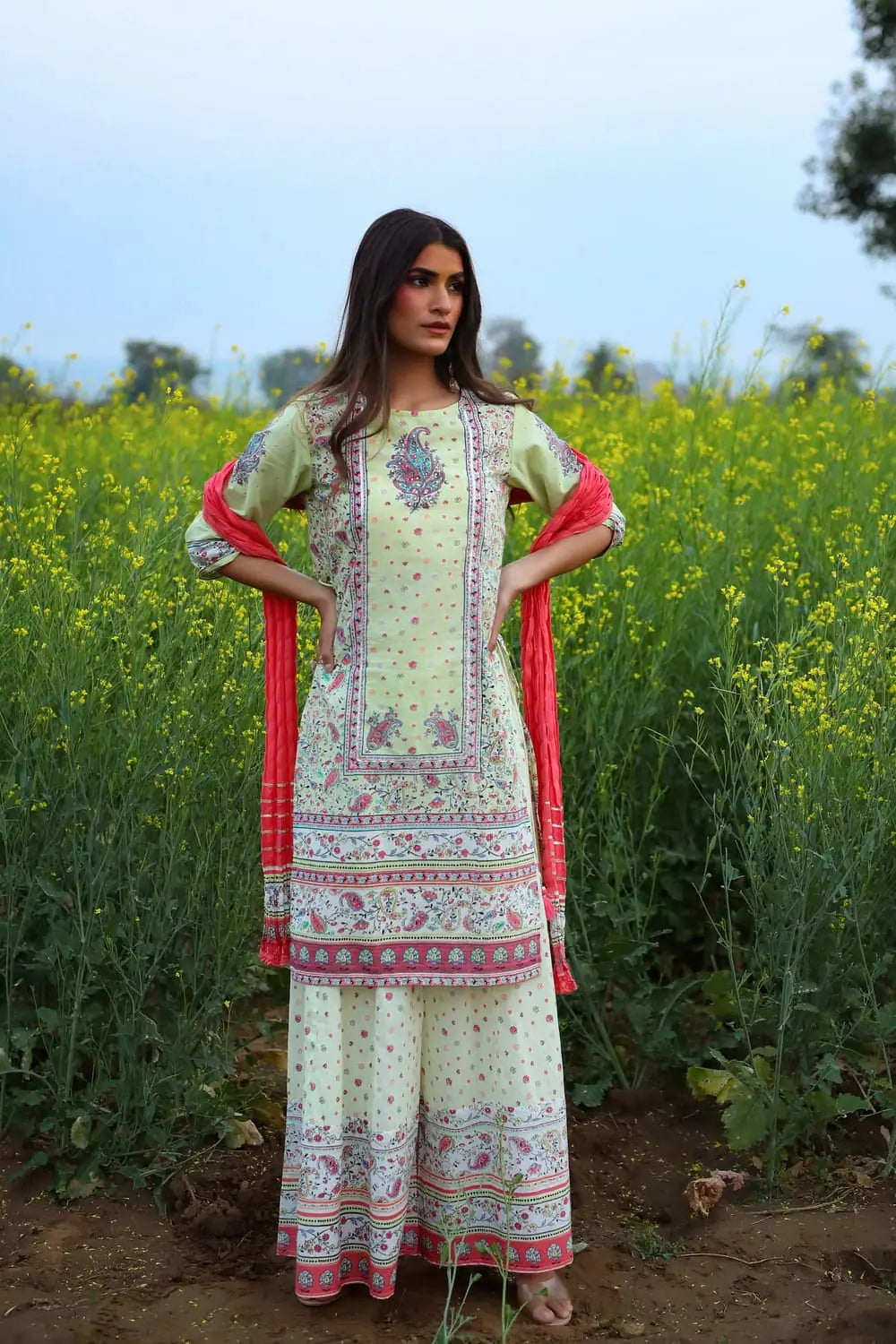 Limegreen Printed Kurta Palazzo Dupatta Set | Cotton Comfort
