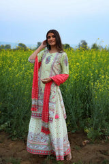 Limegreen Cambric Printed Straight Kurta Palazzo Dupatta Set