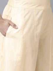 Cream Cambric Floral Print High-Low Kurta Palazzo Set With Mask