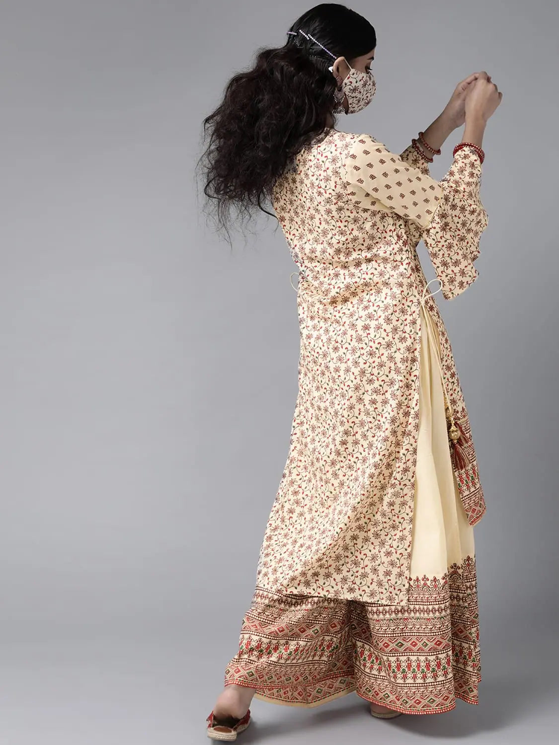 Cream Floral Kurta Palazzo Set with Mask - Women's Cotton Suit
