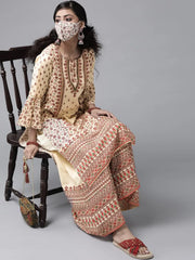 Cream Cambric Floral Print High-Low Kurta Palazzo Set With Mask