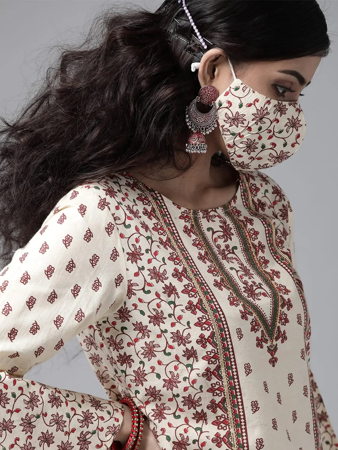 Cream Floral Kurta Palazzo Set with Mask - Women's Cotton Suit