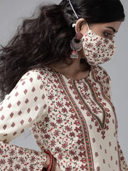 Cream Cambric Floral Print High-Low Kurta Palazzo Set With Mask