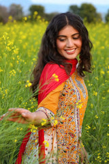 Mustard Cambric Printed Straight Kurta Palazzo Dupatta Set