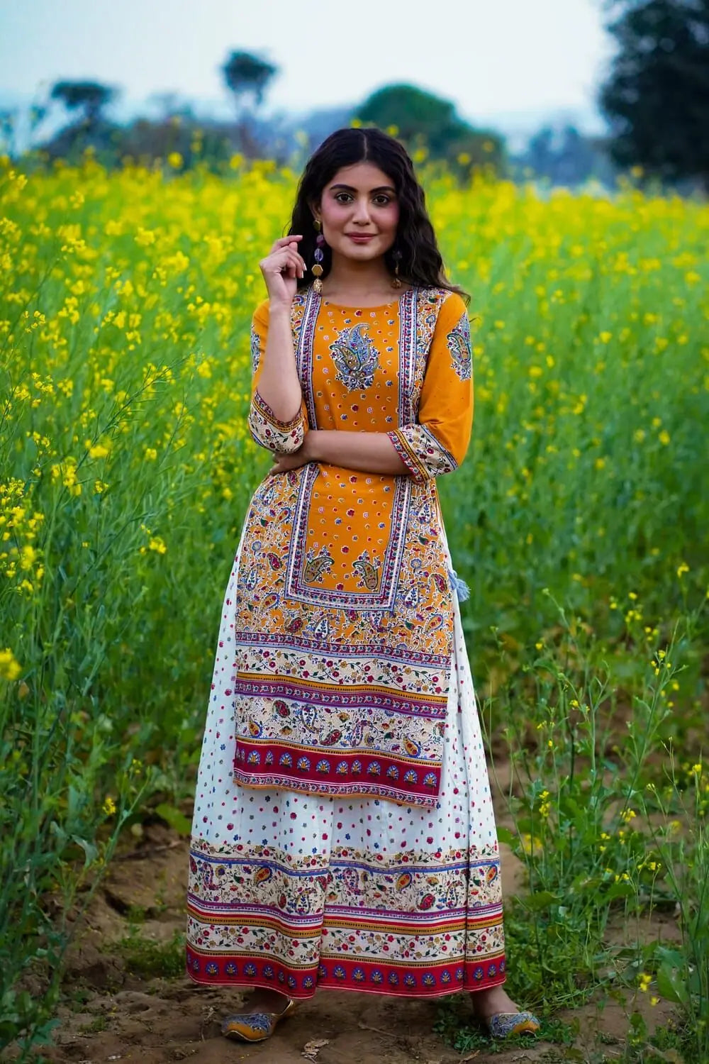 Mustard Printed Kurta Palazzo Set - Women's Cotton Suit