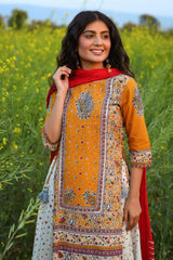 Mustard Cambric Printed Straight Kurta Palazzo Dupatta Set