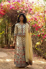 Beige Cambric Printed Lehenga Choli Dupatta Set