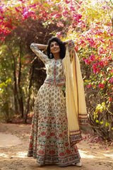 Beige Cambric Printed Lehenga Choli Dupatta Set
