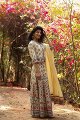 Beige Cambric Printed Lehenga Choli Dupatta Set