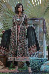 Black Cambric Printed A-line Kurta Pant Dupatta Set with Mask