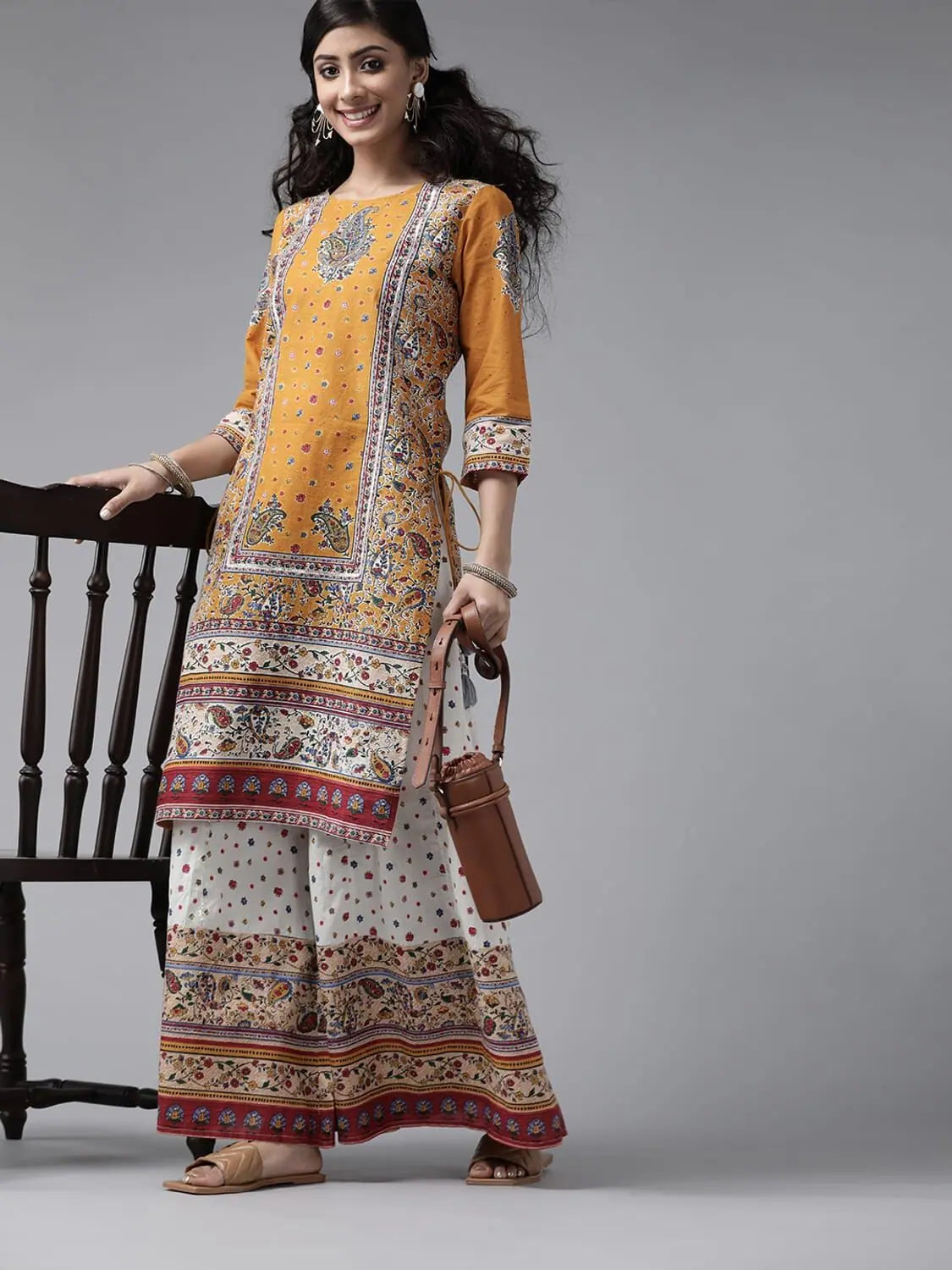 Peach Cotton Kurta Palazzo Set - Mexican Print with Mask
