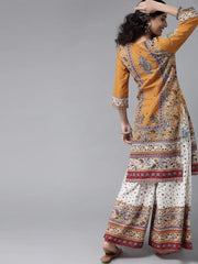 Mustard Cambric Floral Print Straight Kurta Palazzo Set