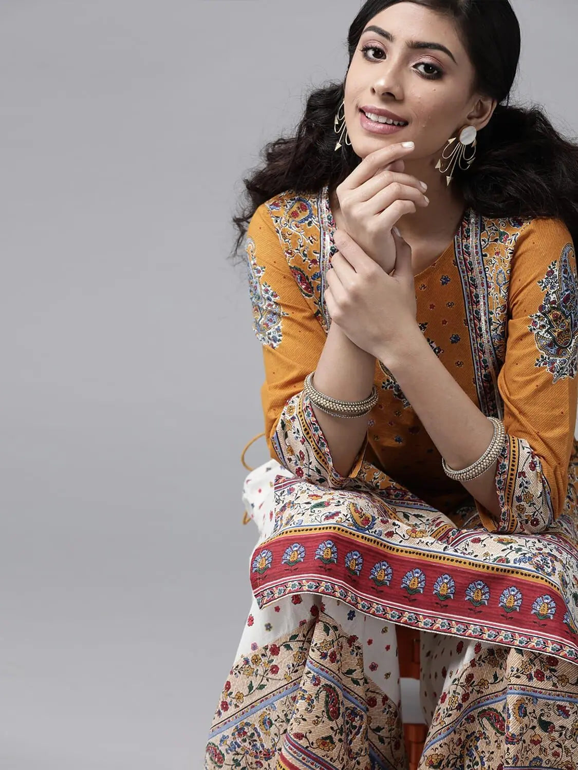 Peach Cotton Kurta Palazzo Set - Mexican Print with Mask