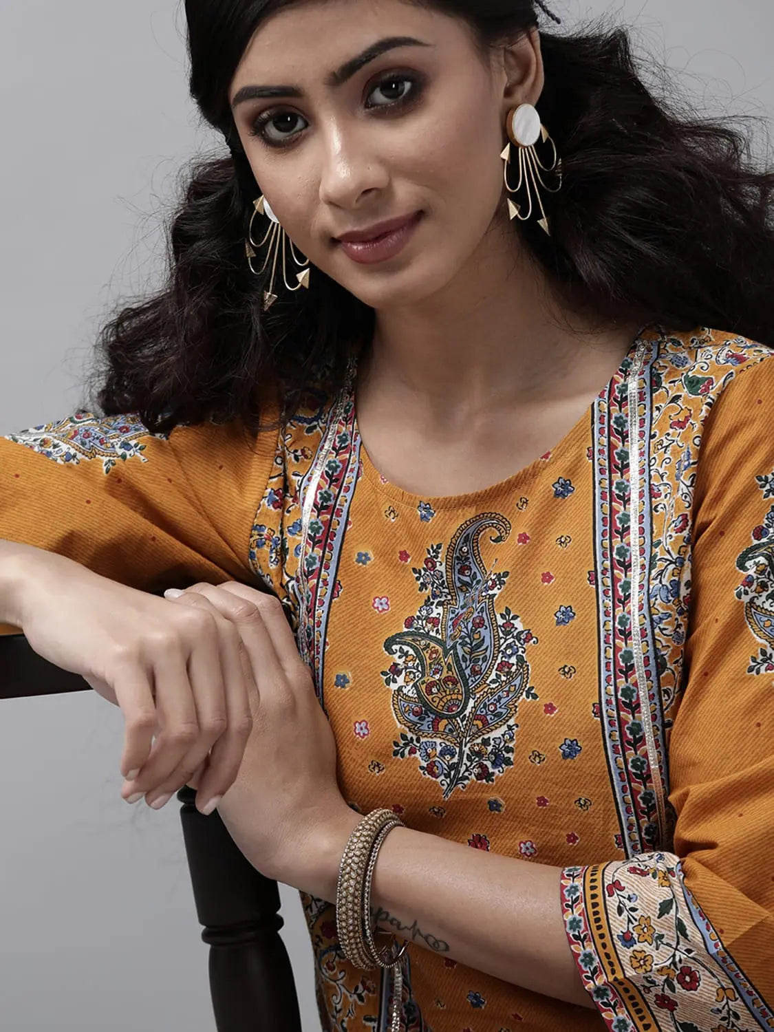 Peach Cotton Kurta Palazzo Set - Mexican Print with Mask