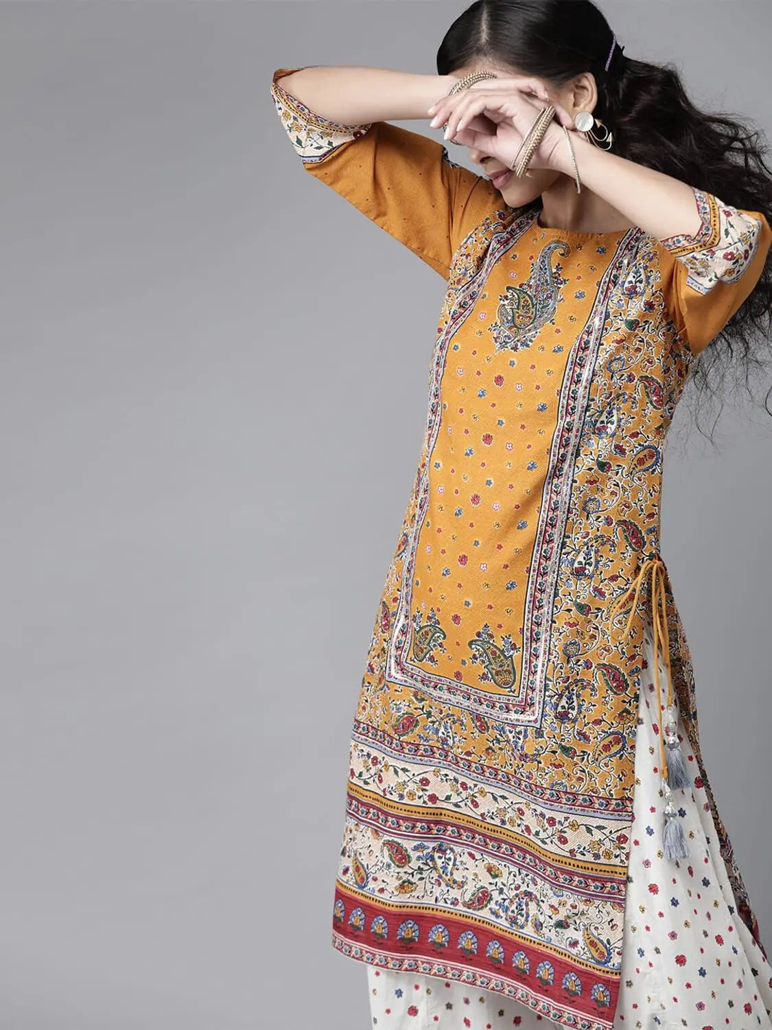 Peach Cotton Kurta Palazzo Set - Mexican Print with Mask