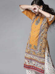Mustard Cambric Floral Print Straight Kurta Palazzo Set
