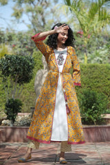 Mustard Cambric & Rayon Printed Jacket Style Kurta Pant Set