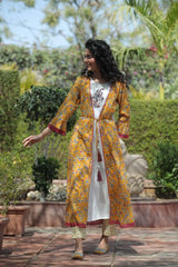 Mustard Cambric & Rayon Printed Jacket Style Kurta Pant Set