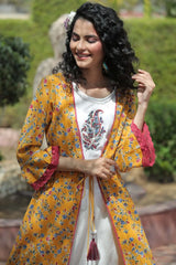 Mustard Cambric & Rayon Printed Jacket Style Kurta Pant Set