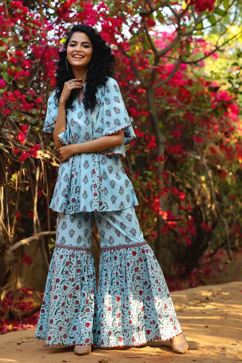 Blue Floral Print Tunic Sharara Set | Sharara Set for Women