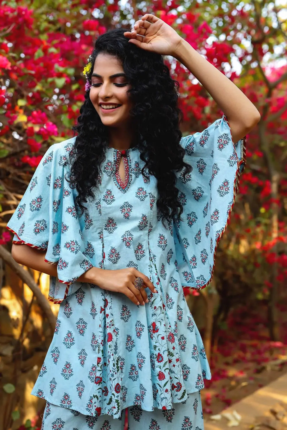 Blue Floral Print Tunic Sharara Set | Sharara Set for Women
