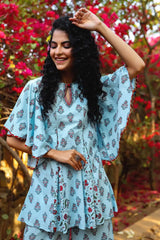 Blue Cambric Floral Print Tunic Sharara Set With Mask
