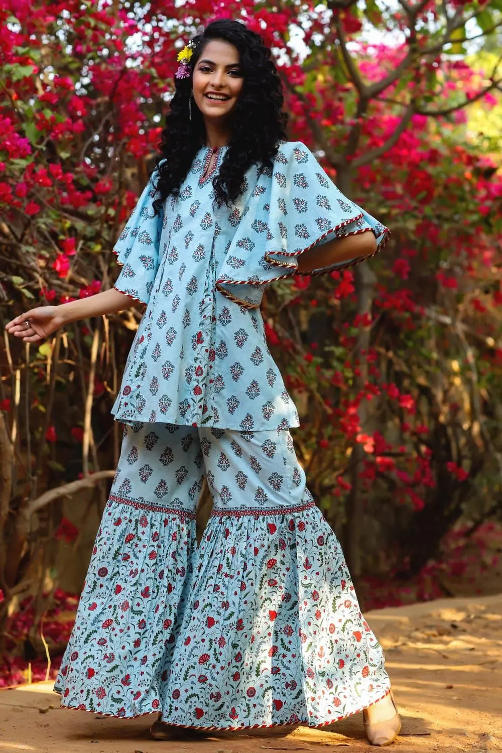 Blue Floral Print Tunic Sharara Set | Sharara Set for Women