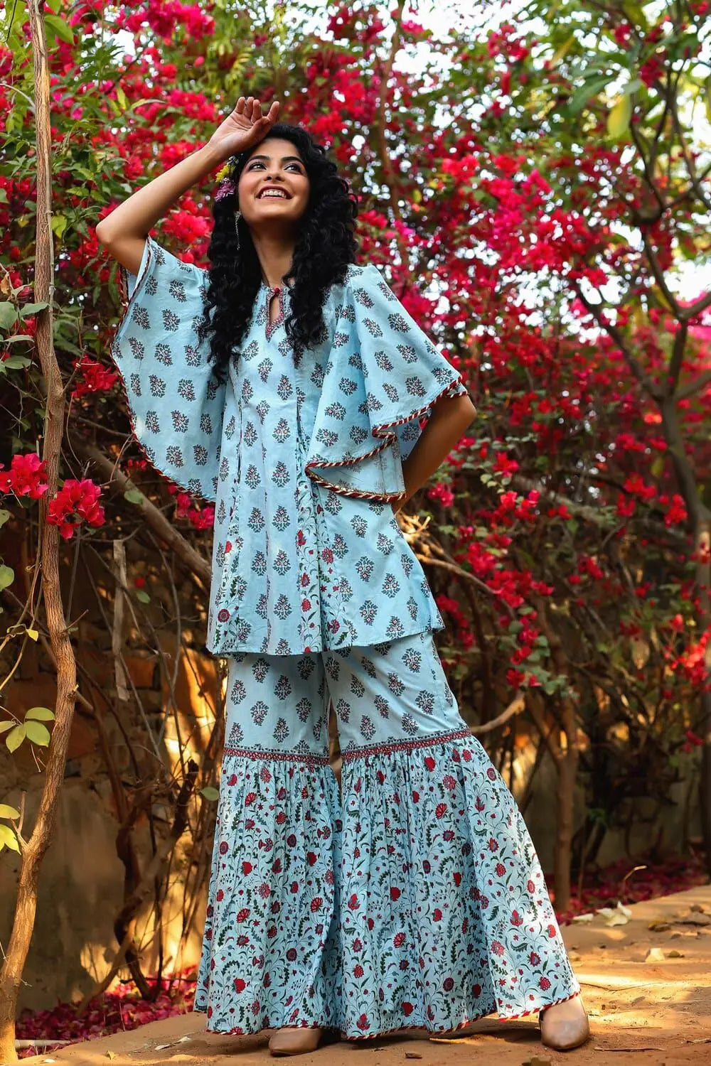 Blue Floral Print Tunic Sharara Set | Sharara Set for Women