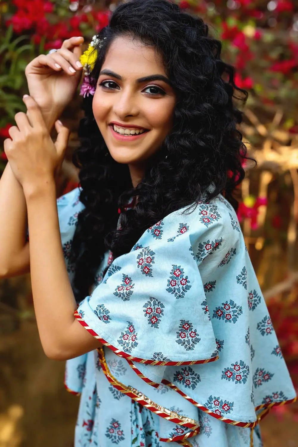 Blue Floral Print Tunic Sharara Set | Sharara Set for Women