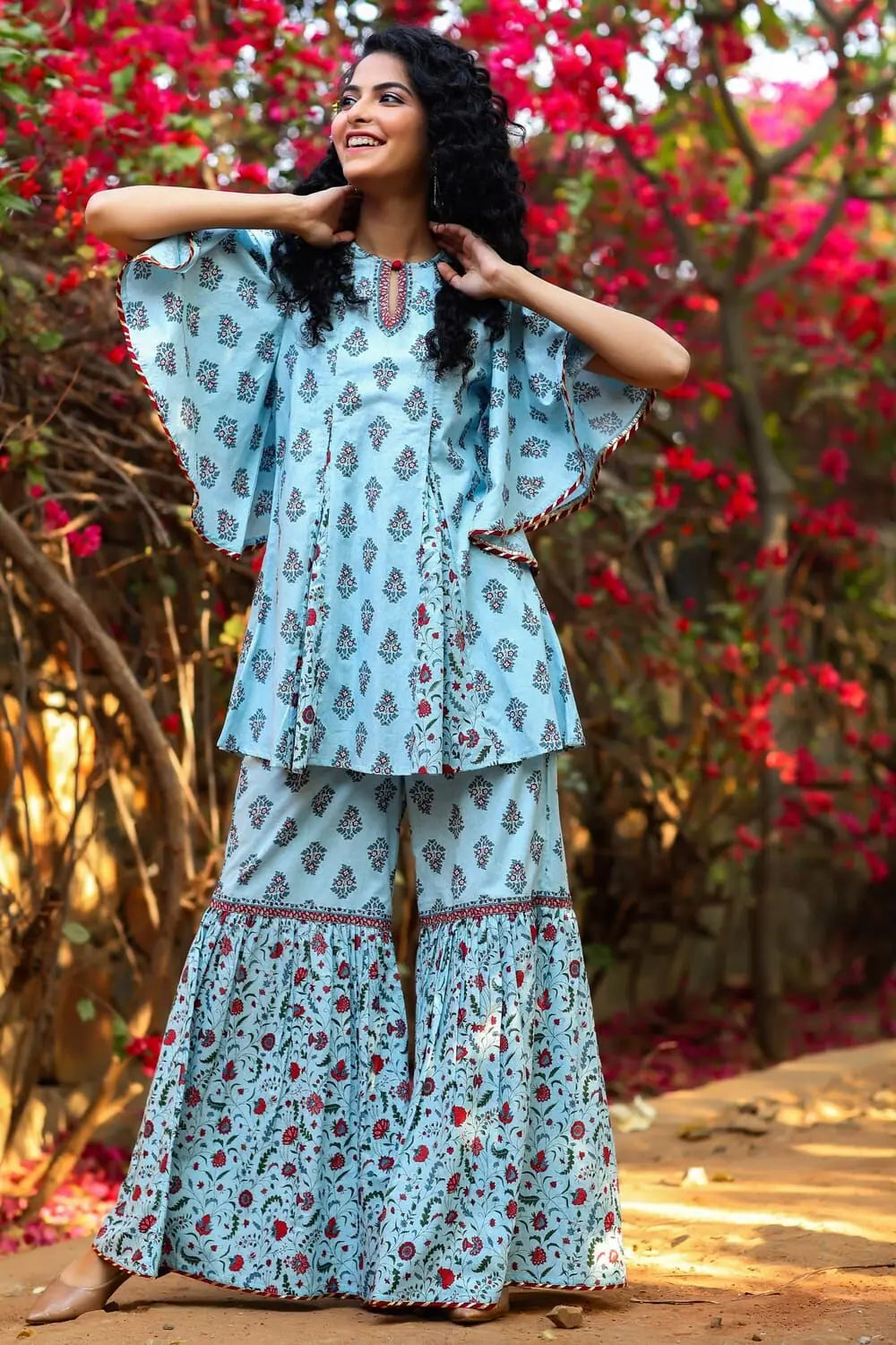 Blue Floral Print Tunic Sharara Set | Sharara Set for Women