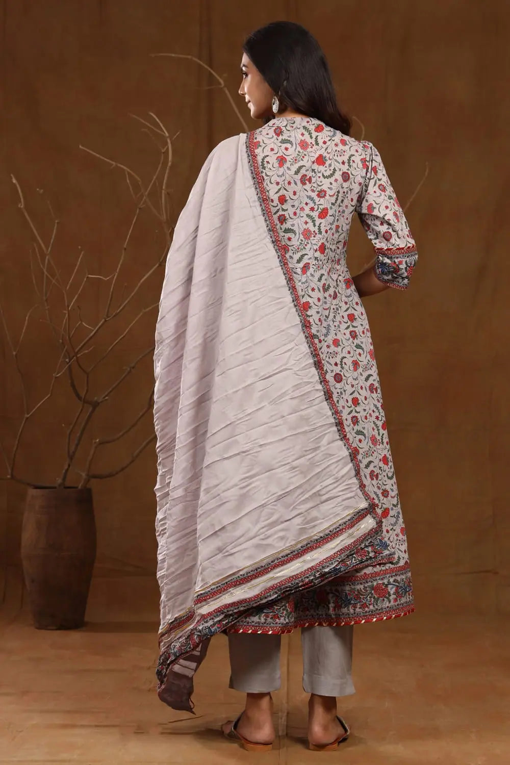 Grey Printed Kurta Set with Dupatta & Mask | Women's Kurta Sets