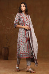 Grey Cambric Printed A-line Kurta Pant Dupatta Set with Mask