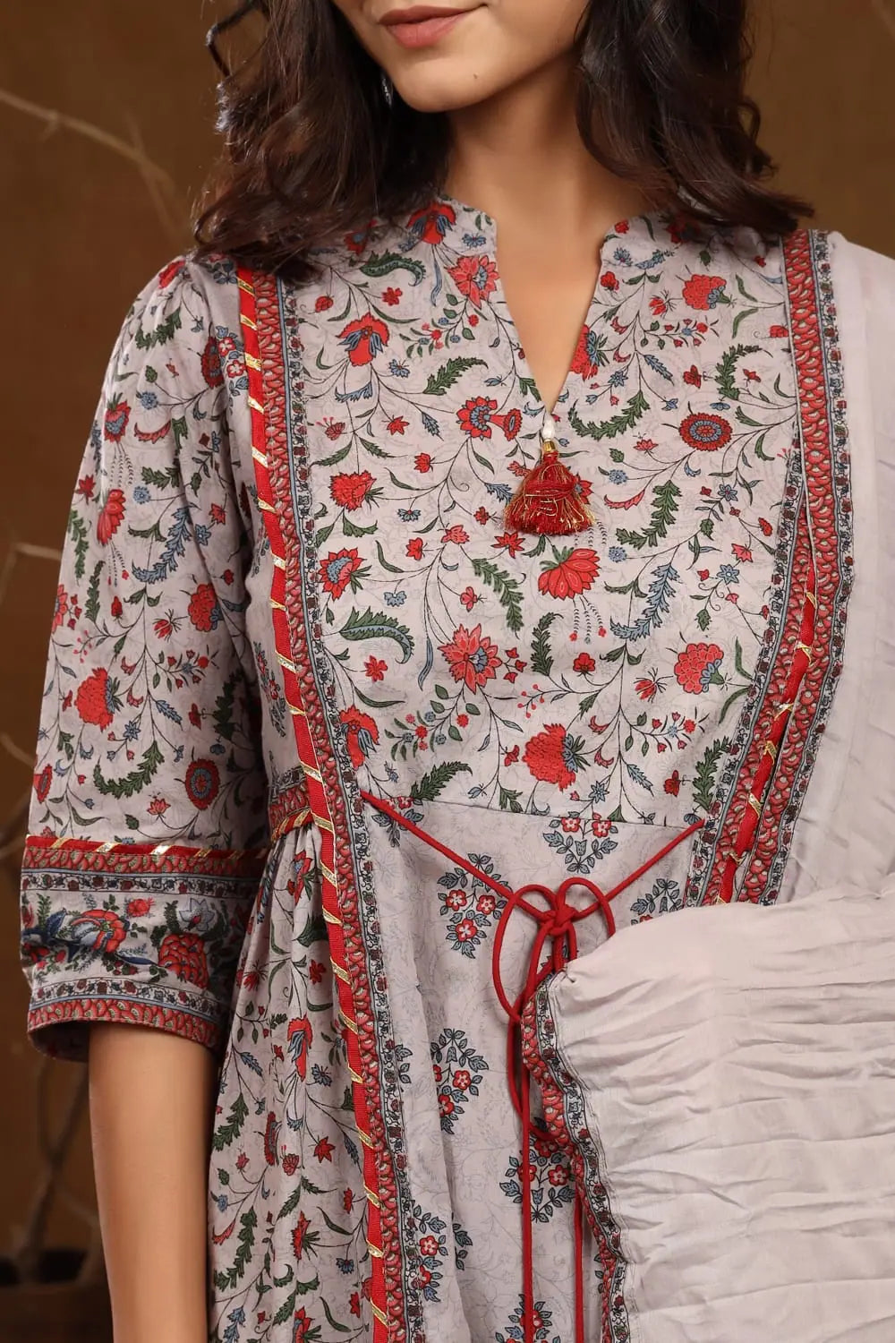 Grey Printed Kurta Set with Dupatta & Mask | Women's Kurta Sets