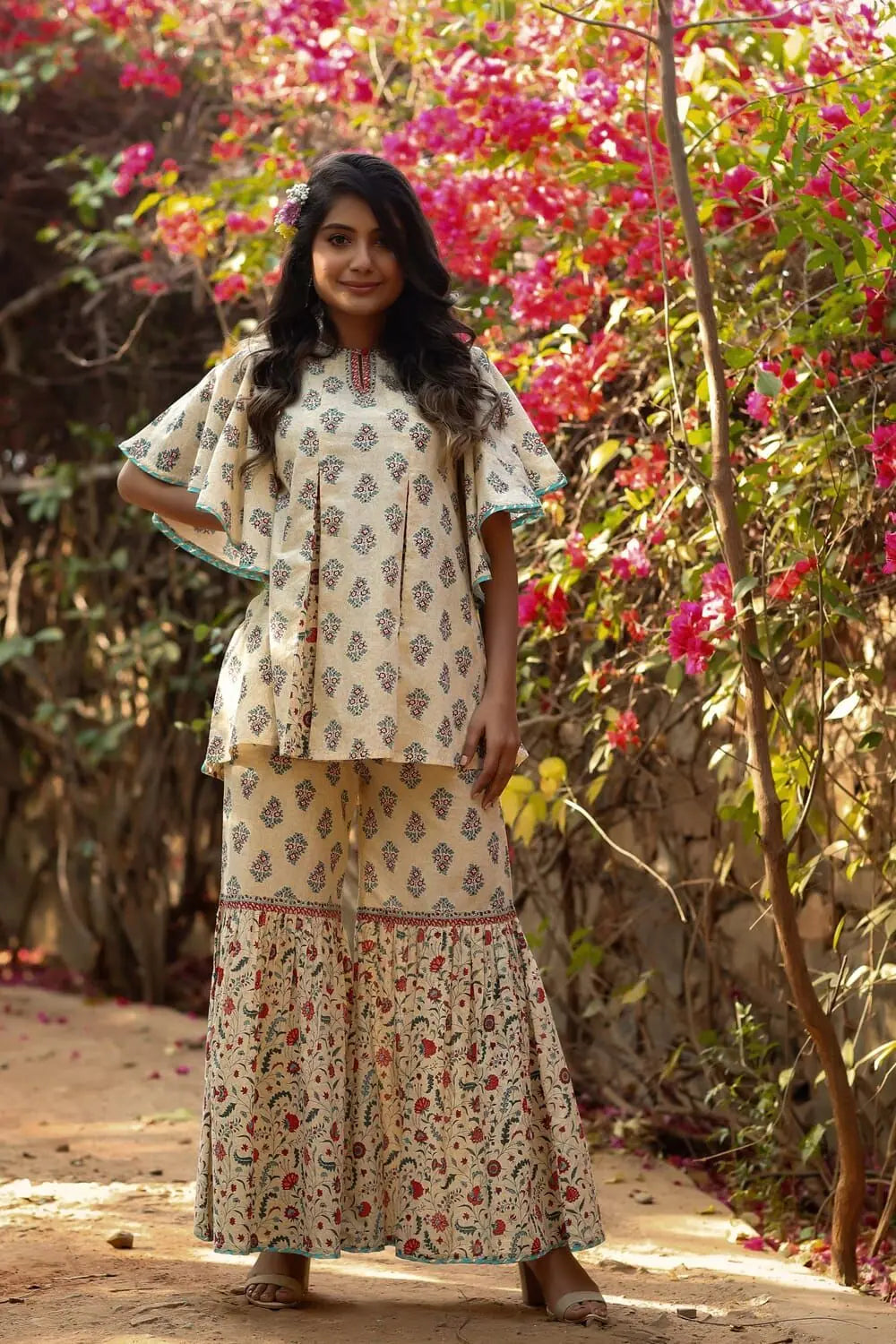 Beige Floral Print Tunic Sharara Set | Designer Sharara Suits