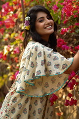 Beige Cambric Floral Print Tunic Sharara Set With Mask