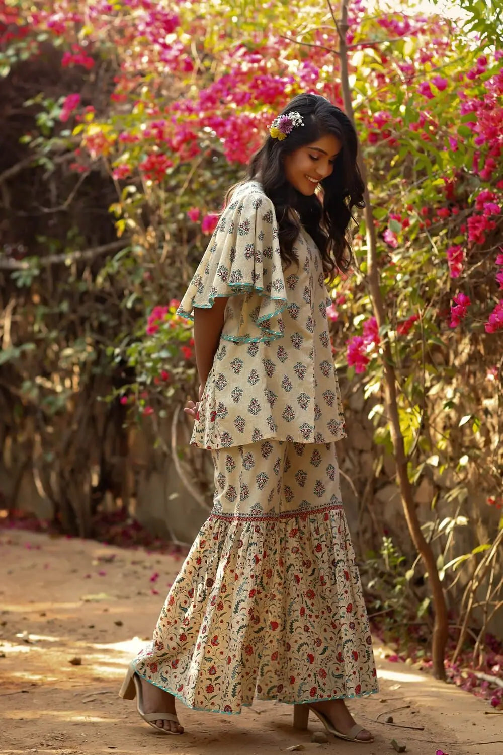 Beige Floral Print Tunic Sharara Set | Designer Sharara Suits