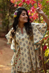 Beige Cambric Floral Print Tunic Sharara Set With Mask