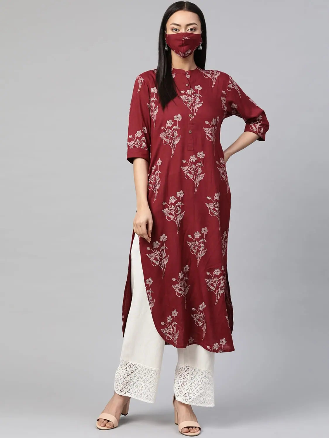 Maroon Bandhani Kurta With Mask | Indian Kurtis for Women