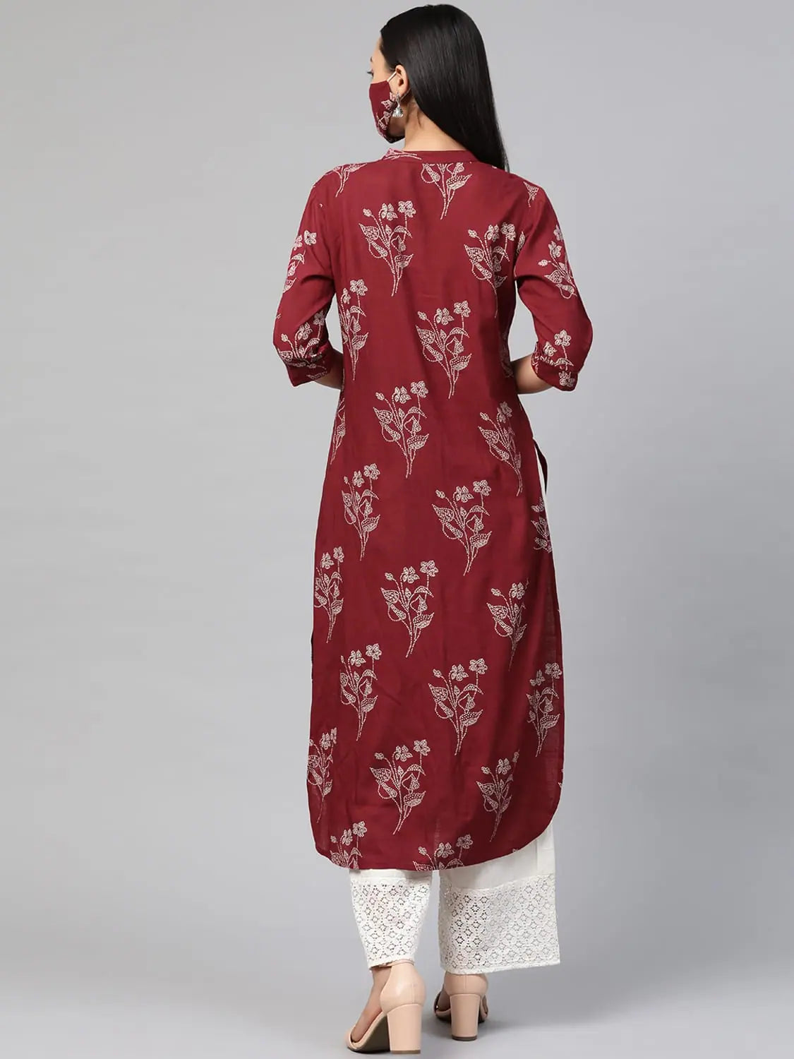 Maroon Bandhani Kurta With Mask | Indian Kurtis for Women