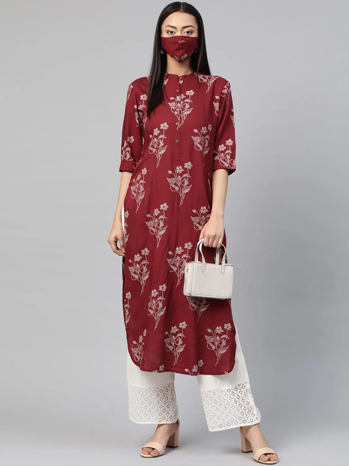 Maroon Bandhani Kurta With Mask | Indian Kurtis for Women