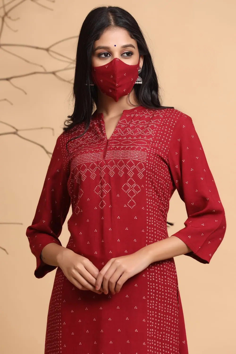 Maroon Bandhani Print Rayon Indian Kurta | Shop Kurtas Online