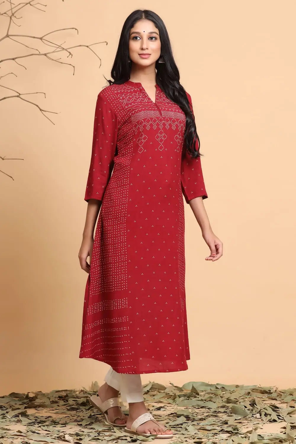 Maroon Bandhani Print Rayon Indian Kurta | Shop Kurtas Online