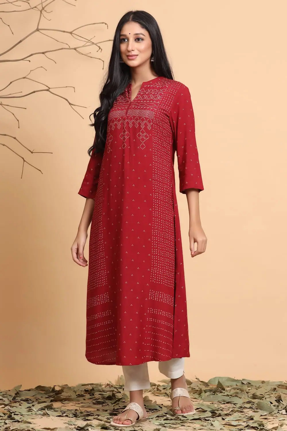 Maroon Bandhani Print Rayon Indian Kurta | Shop Kurtas Online