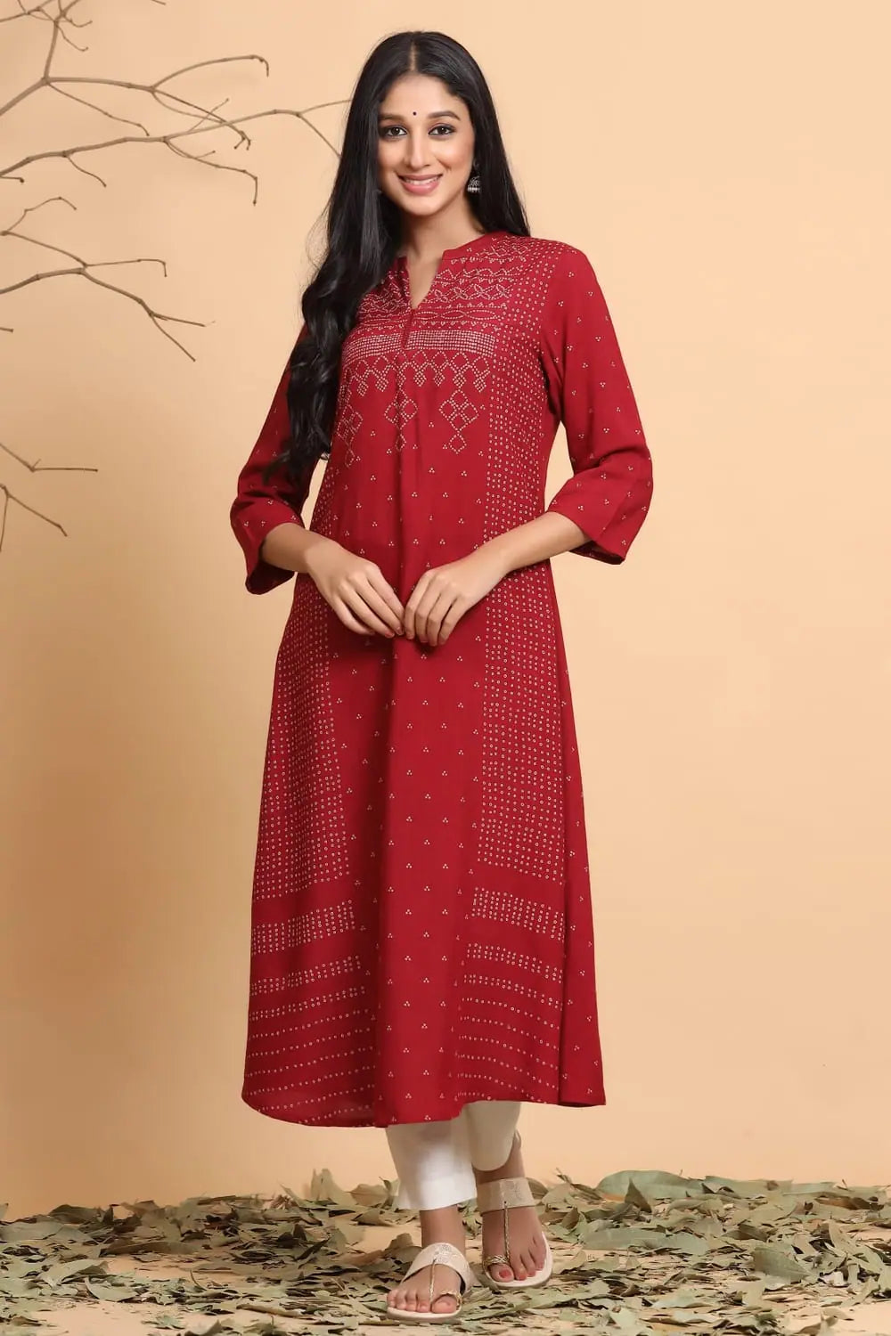 Maroon Bandhani Print Rayon Indian Kurta | Shop Kurtas Online