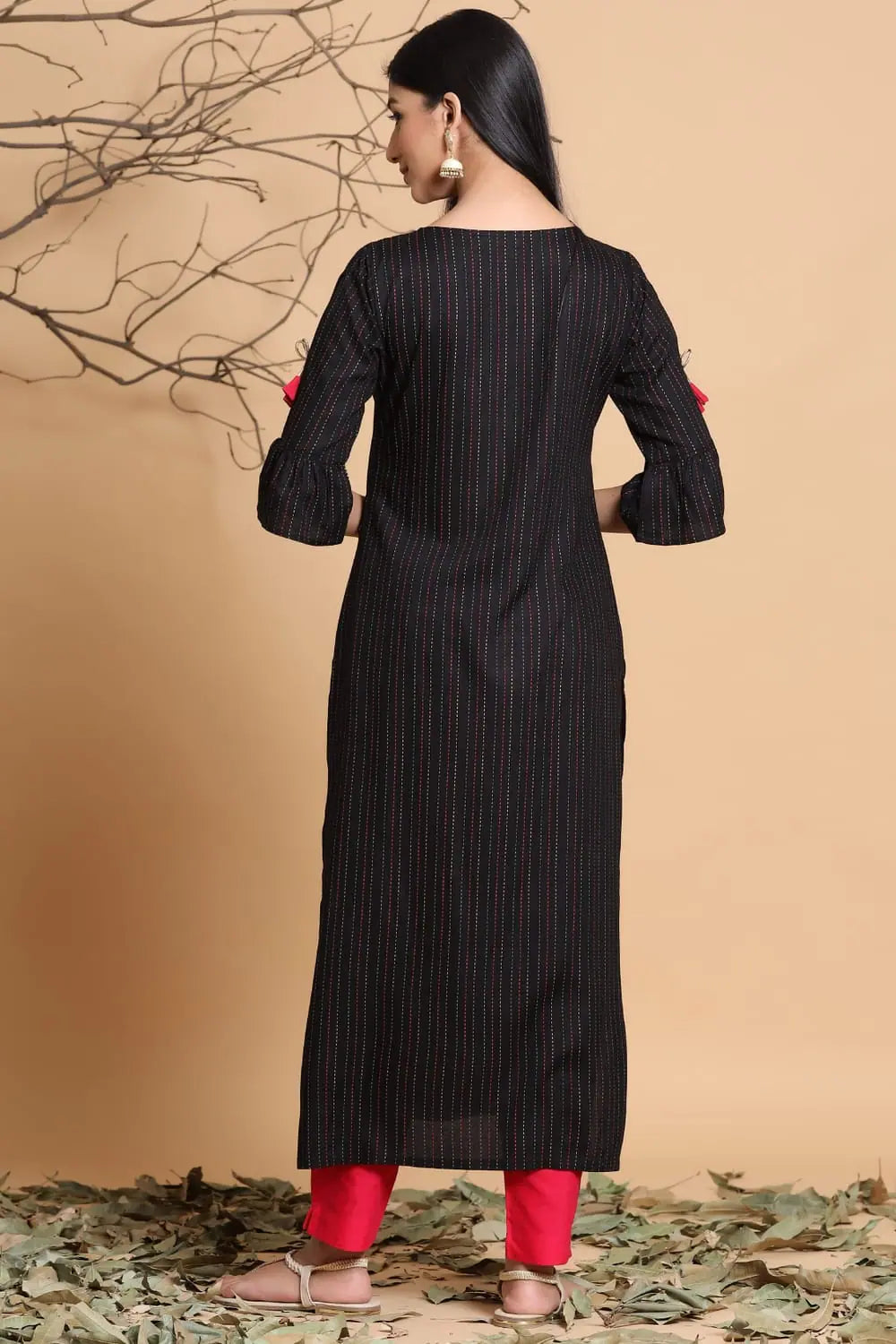 Black Rayon Striped Kurta with Mask | Indian Kurta for Women